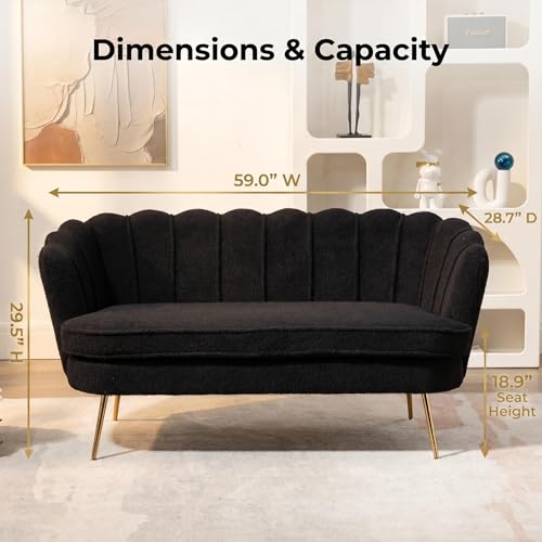 Black Modern Boucle Loveseat Couch with Gold Metal Legs | 2-Seater Upholstered Mini Sofa Couches for Small Space,Living Room Bedroom Office Dorm Studio Apartment Love Seat Couche - color: Black