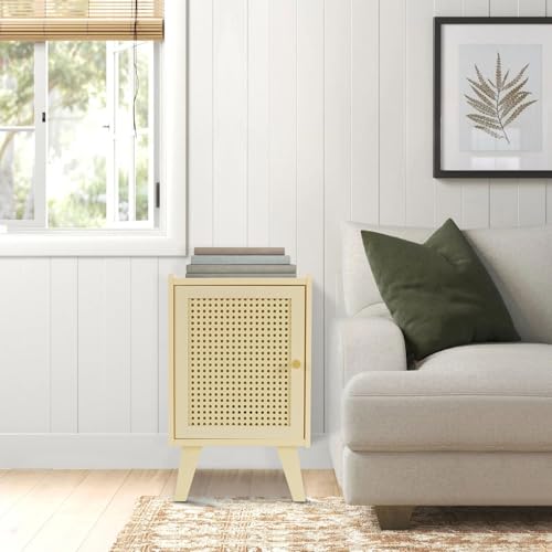 Nightstands Headboard with Legs, Boho End Table with Door, Wood Bedside Table for Bedroom, Dorm and Small Spaces (Creamy Beige) - color: Creamy Beige