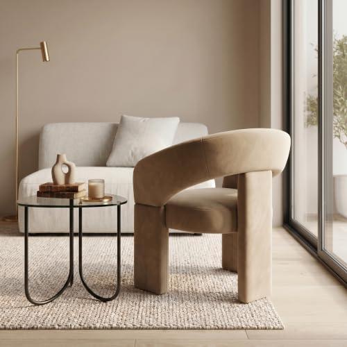 LukeAlon Mid Century Modern Velvet Accent Chair – Round Barrel Back Armchair, Comfy Upholstered Lounge Chair for Living Room, Bedroom, Office, Waiting Rooms, Khaki