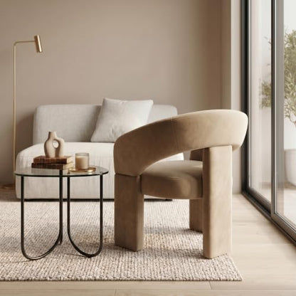 LukeAlon Mid Century Modern Velvet Accent Chair – Round Barrel Back Armchair, Comfy Upholstered Lounge Chair for Living Room, Bedroom, Office, Waiting Rooms, Khaki