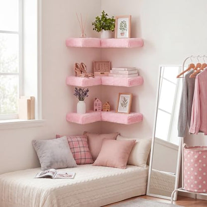 Pinkunn 3 Pack Pink Floating Corner Shelves for Wall Fuzzy Display Nail Polish Rack L-shaped Hanging Display Wall Mounted Shelf for Storing Valuable Collectible Perfume Cosmetics Handbags Vanity Decor