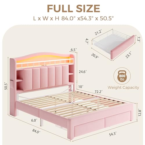 Pink Full Size LED Bed Frame with Storage Headboard, Upholstered Velvet Wood Princess Bed for Girls with 5 Charging Ports (USB-C & AC), Hidden Compartment, Sturdy Aluminum Frame & 2 Silent Drawers - color: Pink, size: Full