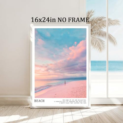 Pink and Blue Coastal Wall Art Cute Preppy Summer Pictures Aesthetic Summer Posters Trendy Beach Pictures Blue Ocean Painting Coastal Cowgirl Artwork Beach Wave Picture for Home Room 16x24in Frameless - color: C3Unframed