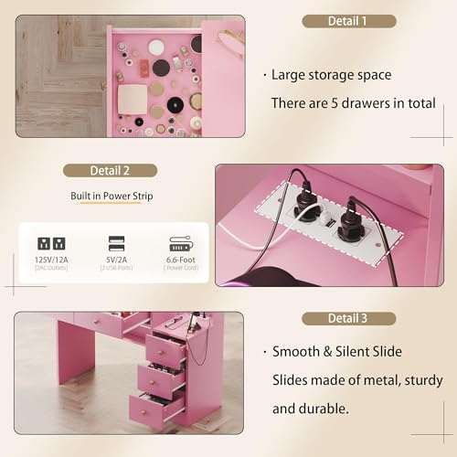 Makeup Vanity with Lights & Charging Station, Pink Vanity Table with 5 Drawers & Open Storage Shelves, Vanity Desk with Mirror & Lights, Dressing Table Set, Bedroom Makeup Table Set Gold Handle - size: 35.4 inch, style: Modern Pink