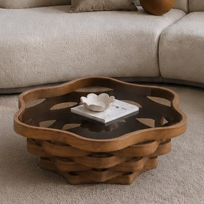 35.8" Cloud Coffee Table with Glass Top & Multi-Laye Wave Base | Modern Unique Irregular Center Table for Living Room, Artistic Cocktail Table for Apartment, Wooden Tea Table - Walnut - color: 35.8" Cloud Coffee Table