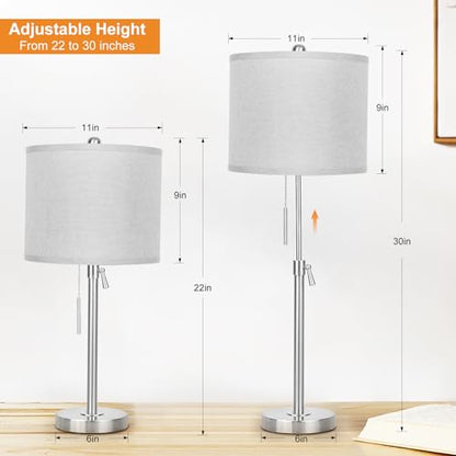 Qingmiao Table Lamps for Bedrooms Set of 2, 22" to 30" Height Adjustable Nightstand Lamps with Linen Shade, Pull Chain Switch Lamps for Living Room, 3 Way Dimmable Bedside Lamp - color: Brushed Nickel,Grey Shade