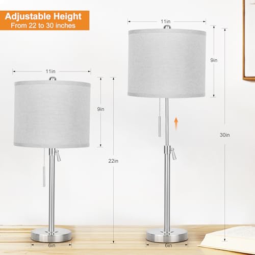Qingmiao Table Lamps for Bedrooms Set of 2, 22" to 30" Height Adjustable Nightstand Lamps with Linen Shade, Pull Chain Switch Lamps for Living Room, 3 Way Dimmable Bedside Lamp - color: Brushed Nickel,Grey Shade