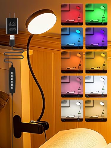 Clip on Light,10 RGB Colors+10 Brightness Small Desk Lamp with Clamp Light | 500 lm Bright 72 LED Desk Light, USB Adapter Reading Lights for Books in Bed/Headboard/Bedside Table/Bedroom/Dorm/Home Office - color: Black