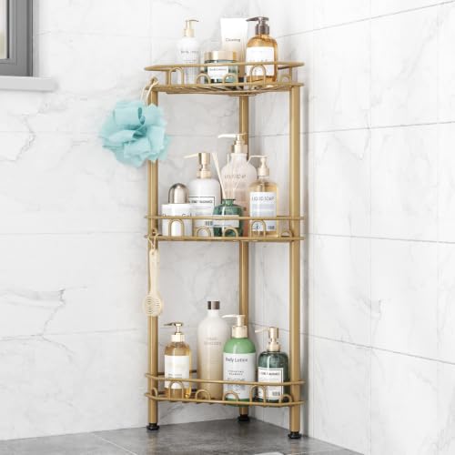 SWTYMIKI Standing Shower Caddy Corner - 3‑Tier Stainless Steel Shower Organizer Shelf with 12 Hooks and Adhesive Pads, Rustproof Corner Shelves Stand Rack for Bathroom Shower Room, Gold - color: Gold