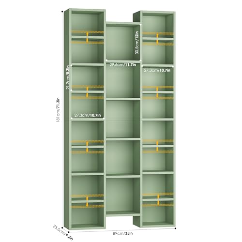 FOTOSOK 71'' H Bookshelf with 21 Cubes, Triple Wide Tall Bookshelf Green | 8 Tier Bookcase with 8 Adjustable Shelves, Large Bookshelf DVD/CD Media Tower Storage, Freestanding Display Shelf Cabinet - color: Green
