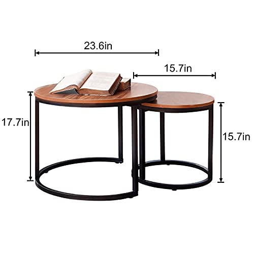 aboxoo Coffee Table Nesting Side Round Set of 2 End Table Top Sturdy Metal Frame Desk Centerpiece Living Room Bedroom Apartment Modern Industrial Simple Nightstand - color: Black Brown