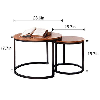 aboxoo Coffee Table Nesting Side Round Set of 2 End Table Top Sturdy Metal Frame Desk Centerpiece Living Room Bedroom Apartment Modern Industrial Simple Nightstand - color: Black Brown