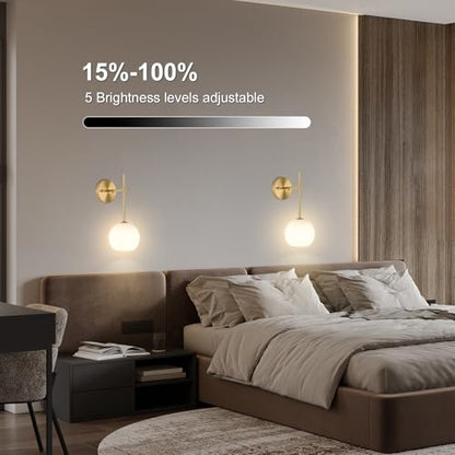 Gold Battery Operated Wall Sconces Set of 2, Rechargeable Wireless Wall Lights with Milky White Frosted Glass Shade, 12 RGB and 3CCT Dimmable, Wall Lamps with Remote for Bedroom Living Room Hallway - color: Gold