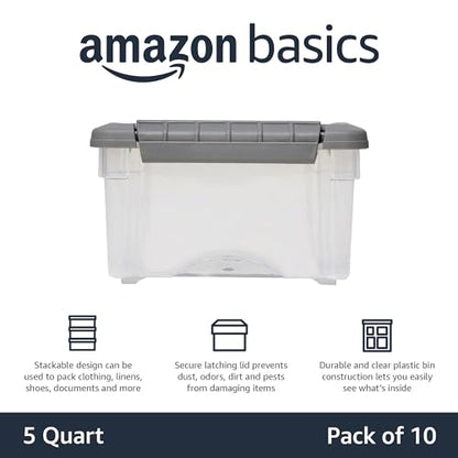 Amazon Basics Plastic Storage Containers with Secure Latching Lids, Stackable Organization Bins, Clear/Grey, 5 Quart, Set of 10