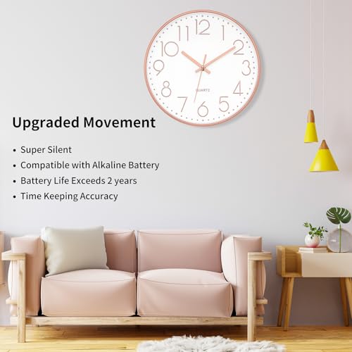 Foxtop Large 14" Wall Clock Silent Battery Operated Clock, Rose Gold | Non-Ticking, Round, Analog Clock, Quartz, Easy to Read, Living Room, Bedroom, Kitchen, Office - color: Rose Gold, size: 14 Inch Quartz