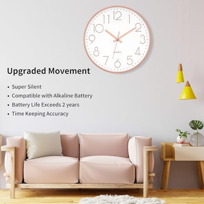 Foxtop Large 14" Wall Clock Silent Battery Operated Clock, Rose Gold | Non-Ticking, Round, Analog Clock, Quartz, Easy to Read, Living Room, Bedroom, Kitchen, Office - color: Rose Gold, size: 14 Inch Quartz