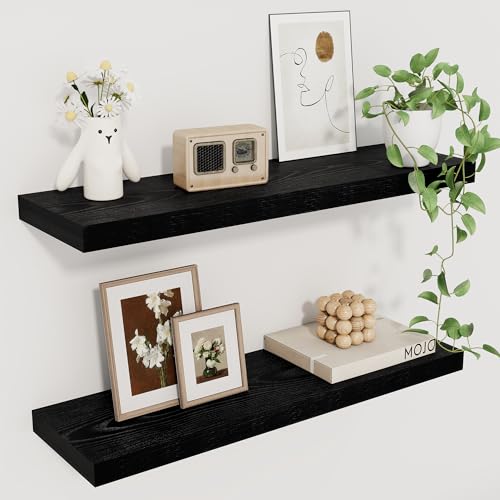 Fun Memories Deep Black Floating Shelf, 22.5" W x 6.5" D Rustic Wood Wall Shelf for Books with Invisible Brackets, Floating Shelf for Storage & Display in Kitchen, Living Room, Bedroom, 2 Packs - color: Black, size: 22.5"W x 6.5"D, 2Packs