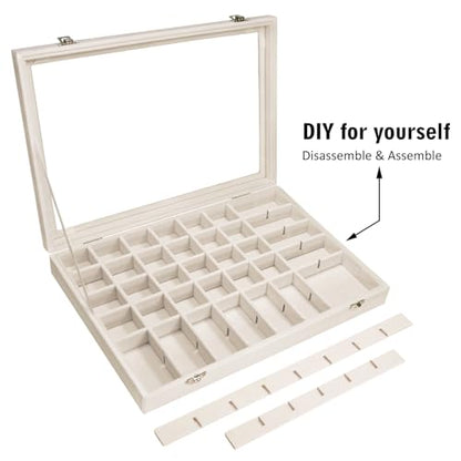 Siveit Velvet Jewelry Tray 48 Grid Jewelry Display Tray Organizer Box with Transparent Lid Rings Earrings Necklaces Pendants Display Box Suitable for Women and Girls (Beige) - color: Beige