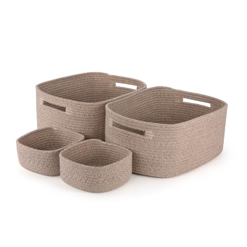 4-Pack Large Woven Rope Storage Baskets, 2 Sizes Organizer Bins | Fabric Cube Boxes and Rectangular Shallow Bins for Closet, Shelf, Bookshelf, Nursery, Changing Table, Bathroom, Toys & Home - color: natural, size: 2pcs-16.92*12.99*7.08'' & 2pcs-7.08*7.08*