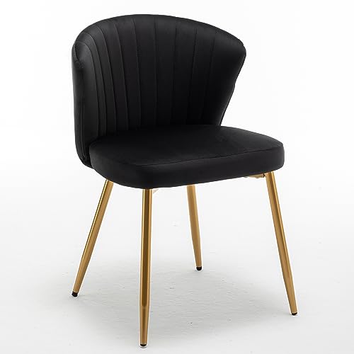 GDFStudio 30.71" Modern Velvet Accent Chair, Comfy Lounge Chair, Upholstered Side Chair with Channel Tufted Back, Gold Metal Legs, Armless Reading Chair for Living Room Bedroom Small Spaces, Black - color: Black + Polyester