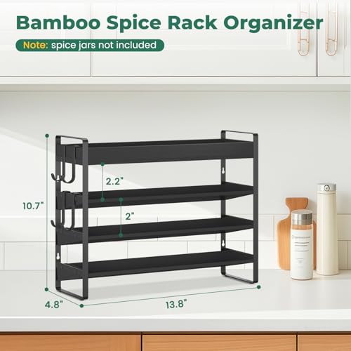 EsLuker.ly Spice Seasoning Rack Organizer Kitchen Countertop, 4 Tier Bamboo | Shelf Holder Storage with 4 Hooks, Wall Mounted Freestanding Stand for Pantry, Quick Spice Access(Jars Not Included), Black - color: Black+Black
