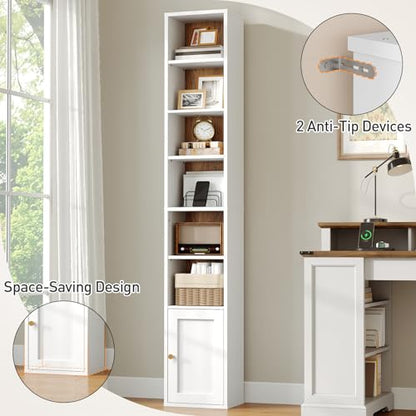 7-Tier Tall Narrow Bookshelf with Door, 70.9 Inches CD DVD Slim Media Tower Rack with Storage Cabinet, Adjustable Shelves, Skinny Bookshelf Display Bookcase for Home Office, White and Walnut - color: White + Walnut