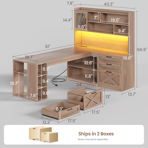 SEDETA 61" L Shaped Office Desk with Drawers and Storage, Light Brown | Computer Desk with Storage Shelves and Power Outlet, Corner Gaming Desk with LED Light and Display Cabinet for Home Office - color: Brown, size: L Shaped Desk