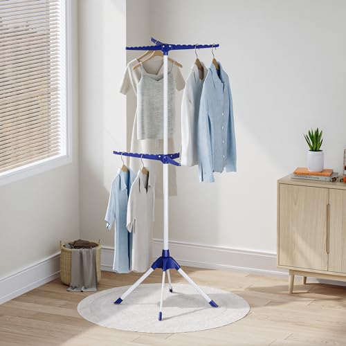 Clothes Drying Rack, 2-Tier 48 Hangers Foldable Blue | 2-Tier Design, 6 Rotatable Arms, 48 Hangers, 4-Leg Stable Base, Foldable, For Indoor Outdoor, RV Travel & Beach Use - color: Blue