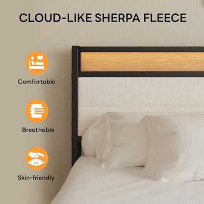 LIKIMIO King Size Bed Frame with Headboard, LED Lights and Charging Station | Upholstered sherpa storage headboard with LED & charger; heavy-duty slats; noise-free; modern elegance; natural and cream - color: Natural and Cream, size: King