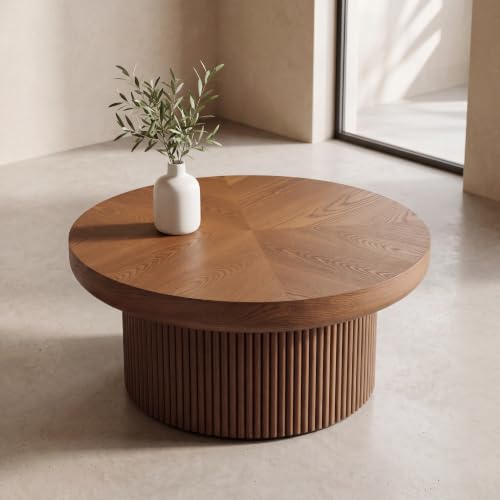 33.5" Round Coffee Table with Real Wood Parquet Top,Walnut | Mid-Century Modern Kitchen Table Center Table, Thickened Tabletop, Sturdy Base for living Room, Easy Assembly - color: E-33.5" Walnut