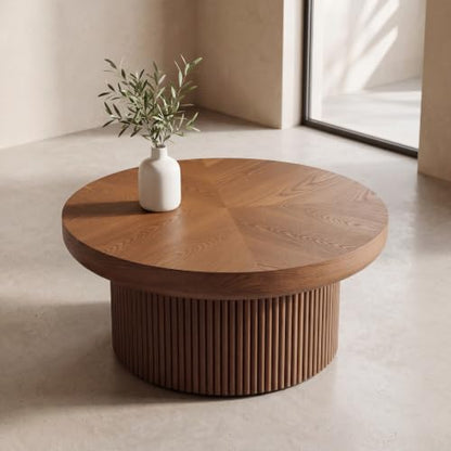 33.5" Round Coffee Table with Real Wood Parquet Top,Walnut | Mid-Century Modern Kitchen Table Center Table, Thickened Tabletop, Sturdy Base for living Room, Easy Assembly - color: E-33.5" Walnut