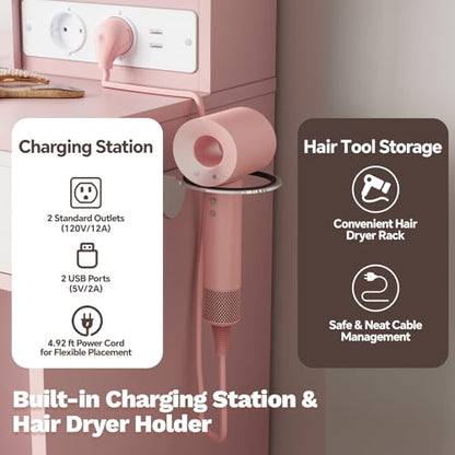 Pink Makeup Vanity Desk with Mirror and Lights, Vanity Table Set with Charging Station, Dressing Table with Stool, 2 Drawers, Open Shelves, Power Outlets & USB Ports, Vanity Desk with RGB Cabinets - color: Pink