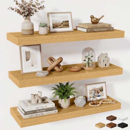 Fun Memories 32 x 10 Floating Shelves Wall-Mounted - Rustic Wood Shelf - 10 Inch Deep Floating Shelves for Wall - Large Storage Shelf for Bathroom - Kitchen & Bedroom - Oak - Set of 3 - color: Natural Oak, size: 32W x 10D x 1.5H
