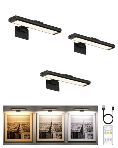 EZVALO Picture Light for Wall, Rechargeable 2400mAh Lights Wireless with IR Remote, 3 Color & Dimmable Magnetic 7.8'' LED Lights Display for Painting, Living Room, Gallery, Bedroom(Black-3P) - color: Black, size: 3Pack-7.8in