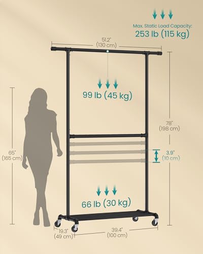 SONGMICS Heavy-Duty Clothes Rack, Double-Rod Clothing Rack for Hanging Clothes, Industrial Garment Rack on Wheels, Adjustable Metal Frame, 2 Casters with Brakes, Commercial Display, Black UHSR62BK | Industrial Garment Rack for Hanging Clothes, 2 Casters w