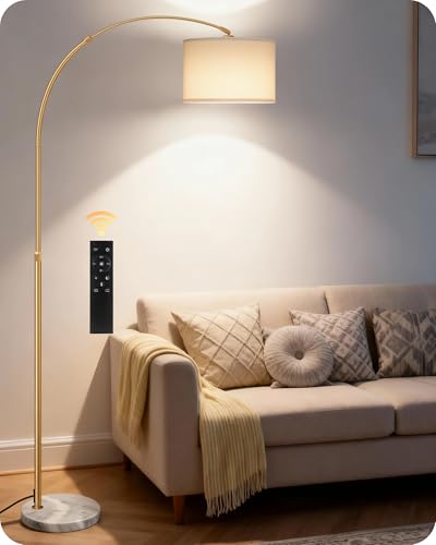 75" Arc Floor Lamp with Marble Base and Adjustable Height, Rotating Hanging Shade, Dimmable Floor Lamp for Living Room with Remote and Foot Switch, 3CCT, Over Couch Arched Light, White Gold DW15LD05 - color: Gold + White