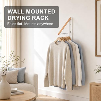 LEQ Clothes Drying Rack Wall Mounted, Foldable Laundry Drying Rack with Wood-Tone Aluminum Frame, Rustproof Retractable Clothes Hanger for Small Laundry Room, Bathroom, Balcony,White - size: 1 Rack