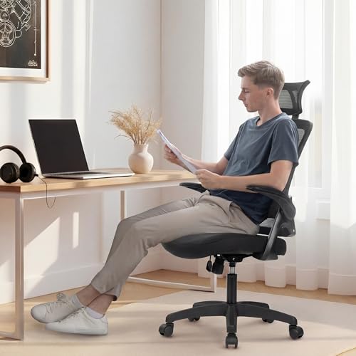 NEO CHAIR Office Desk Chair with Ergonomic High Back Mesh Headrest, Black | Adjustable Headrest and Lumbar Support with Flip-Up Armrests Designed for Extended Sitting Comfort While Saving Space - color: Black