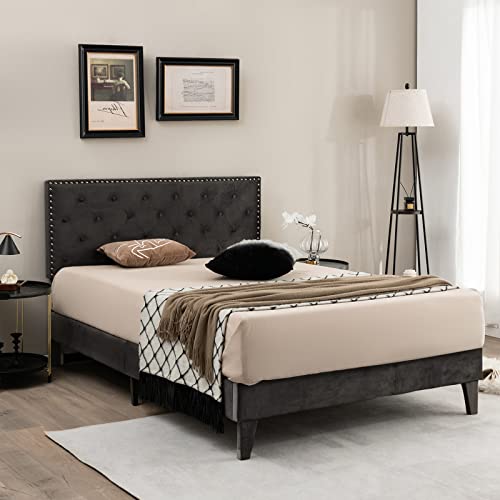 Upholstered Full Bed Frame, Low Velvet Mattress Foundation w/Wooden Slats, Button Tufted & Nailhead Trim Headboard, No Box Spring Needed, Easy Assembly, Double Platform Bed Frame Full Size - size: Full
