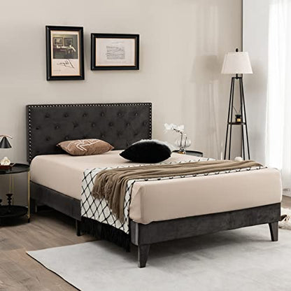 Upholstered Full Bed Frame, Low Velvet Mattress Foundation w/Wooden Slats, Button Tufted & Nailhead Trim Headboard, No Box Spring Needed, Easy Assembly, Double Platform Bed Frame Full Size - size: Full