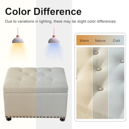 Ottoman with Storage,24" Fabric Ottoman Foot Rest with Hinged Lid Small Rectangle Upholstered Button Tufted Foot Stools Ottomans for Bedroom Living Room Entryway,Beige - color: Beige,bronze Rivets