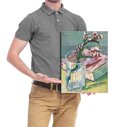 Wieco Art Canvas Prints of Blossoming Almond Branch in a Glass with a Book by Vincent Van Gogh Canvas Wall Art for Home Decor and Wall Decor Post-impressionism Pictures Artwork - size: 16"L x 12"W