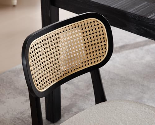 EALSON Rattan Dining Chairs Set of 2 Cane Back Farmhouse Dining Room Chairs Mid Century Kitchen Chairs with Black Wood Frame Sherpa Upholstered Side Chair for Kitchen & Dining Room, Beige - color: Sherpa Beige-black Wood Frame, size: 2PCS