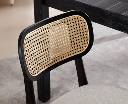 EALSON Rattan Dining Chairs Set of 2 Cane Back Farmhouse Dining Room Chairs Mid Century Kitchen Chairs with Black Wood Frame Sherpa Upholstered Side Chair for Kitchen & Dining Room, Beige - color: Sherpa Beige-black Wood Frame, size: 2PCS