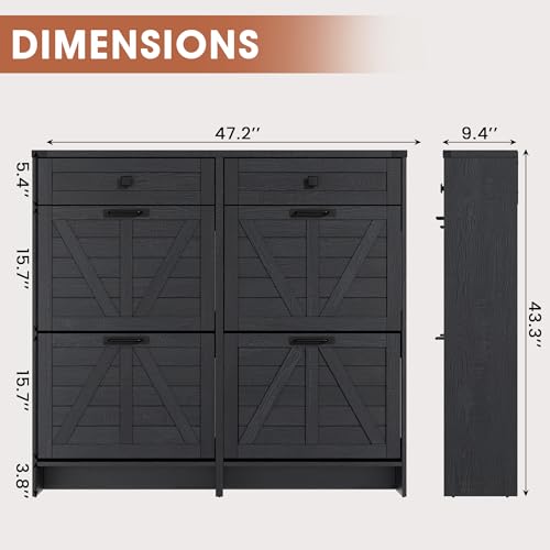 Halitaa Shoe Cabinet with 4 Flip Drawers & 2 Drawers,Farmhouse Shoe Storage Cabinet for Entryway,Slim Freestanding Organizer Rack for Front Door Entrance,Black - color: Black, style: 4-Drawers