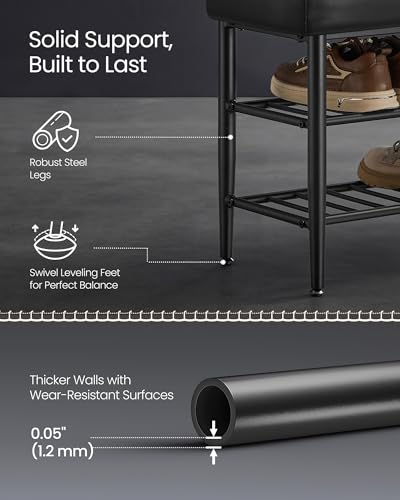 VASAGLE Shoe Bench, Synthetic Leather with Stitching, Loads 300 lb | Shoe Rack Bench Entryway, Mid-Century Modern, 31.5 x 11.8 x 19.7 Inches, Ink Black, EKHO Collection ULSB054B01 - color: Ink Black, size: 31.5"W