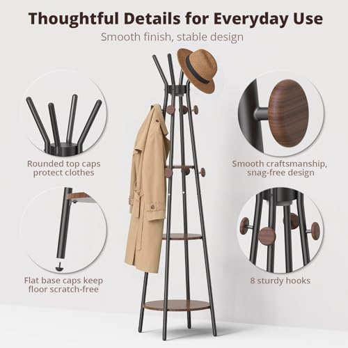 young master Freestanding Coat Rack with Light, 12 Hooks & 3 Wood Shelves, Black