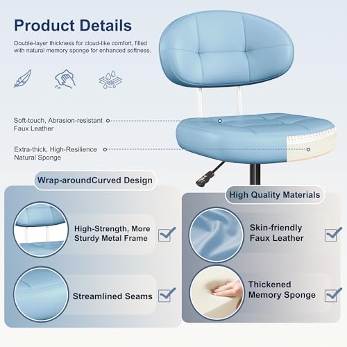 Misolant Vanity Chair with Back, Small Armless Cute Office Chair with Wheels and Lumbar Support, Comfy PU Leather Desk Computer Chairs with Adjustable Height, 360°Swivel for Home Bedroom Office, Blue - color: Blue
