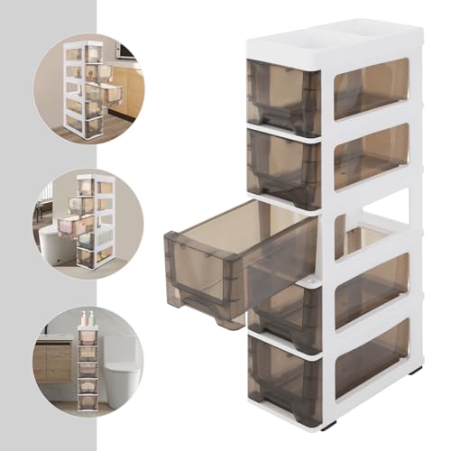 5 Drawers Storage Cabinet, Bathroom Narrow Slim Tower with Drawer & Wheels, Freestanding PP Organizer for Small Spaces, Vertical Storage for Toiletries Towels, White