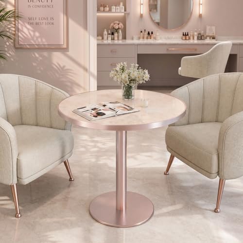 31.5'' Tulip Table, Round Dining Table with Glossy Sintered Stone Tabletop | Rose Gold Aluminum Alloy Edge & Pedestal, Small Bistro Table for Dining Room/Café/Small Spaces/Restaurant (Blush Onyx) - color: Blush Onyx (Rose Gold), size: Round